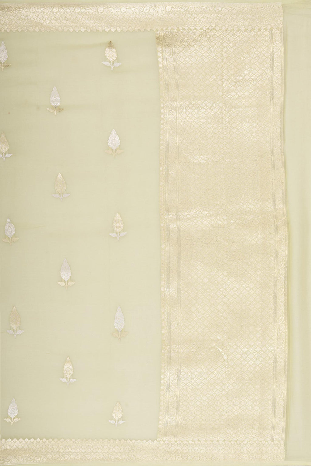 Close up image of the pallu of Pista Green Dual Tone Banarasi Georgette Saree with Zari Butta on the body and Fancy Border. 