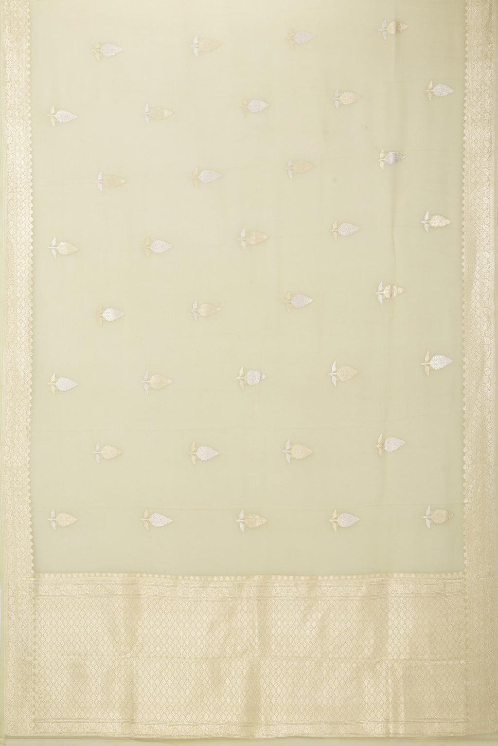 Flat view of Pista Green Dual Tone Banarasi Georgette Saree with Zari Butta on the body and Fancy Border. 