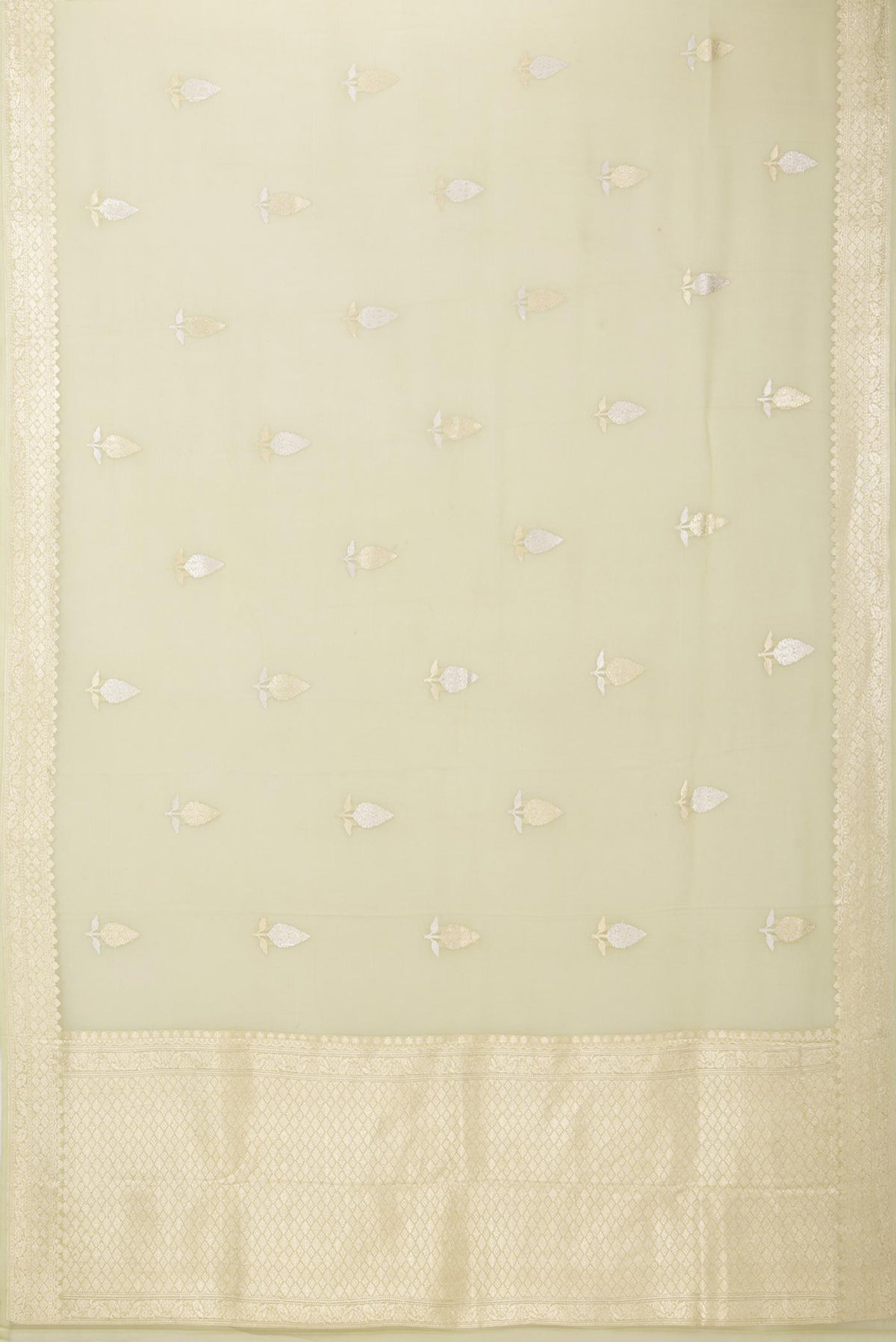 Flat view of Pista Green Dual Tone Banarasi Georgette Saree with Zari Butta on the body and Fancy Border. 