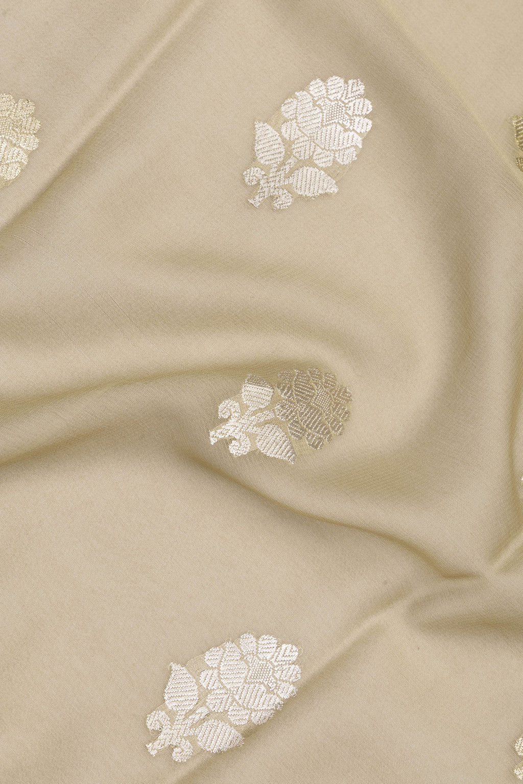 Close up of Beige Banarasi Georgette Saree with Zari Butta on the body and Zari Border.  displaying folds