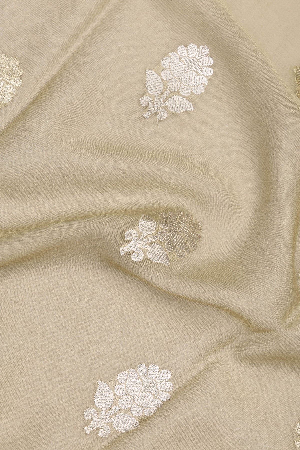 Close up of Beige Banarasi Georgette Saree with Zari Butta on the body and Zari Border.  displaying folds