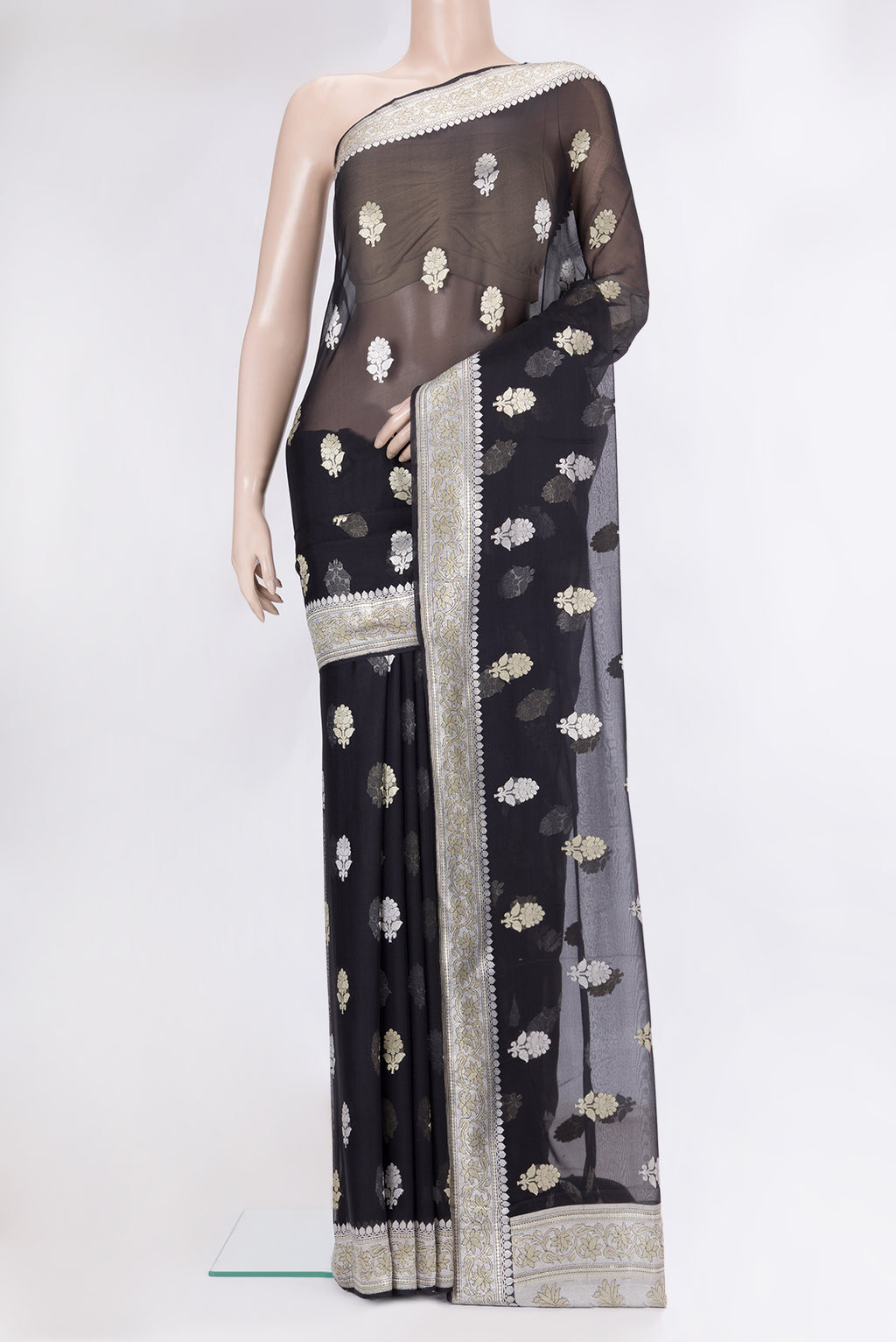 Black Banarasi Georgette Saree with Zari Butta on the body and Zari Border.  displayed on a mannequin