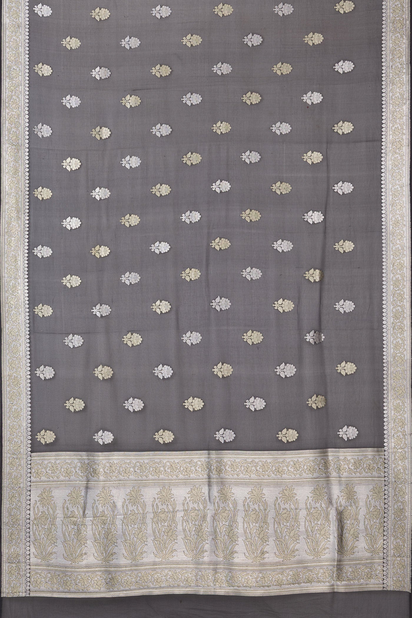 Flat view of Black Banarasi Georgette Saree with Zari Butta on the body and Zari Border. 