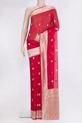 Red Banarasi Georgette Saree with Zari Butta on the body and Zari Border.  displayed on a mannequin