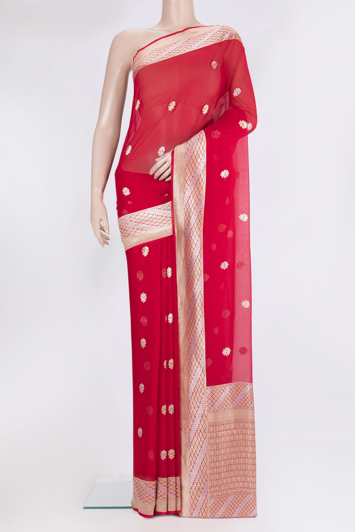Red Banarasi Georgette Saree with Zari Butta on the body and Zari Border.  displayed on a mannequin