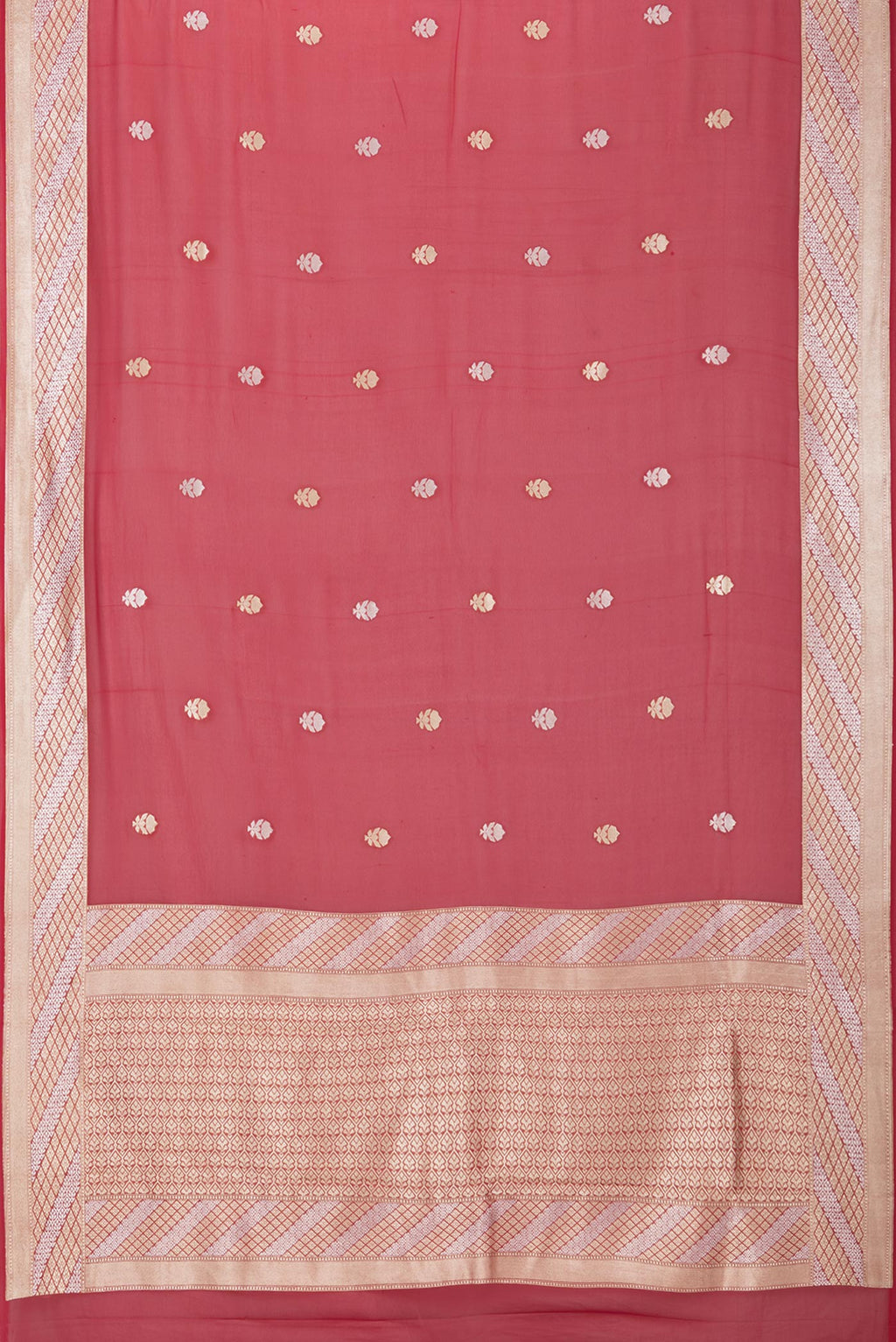 Flat view of Red Banarasi Georgette Saree with Zari Butta on the body and Zari Border. 