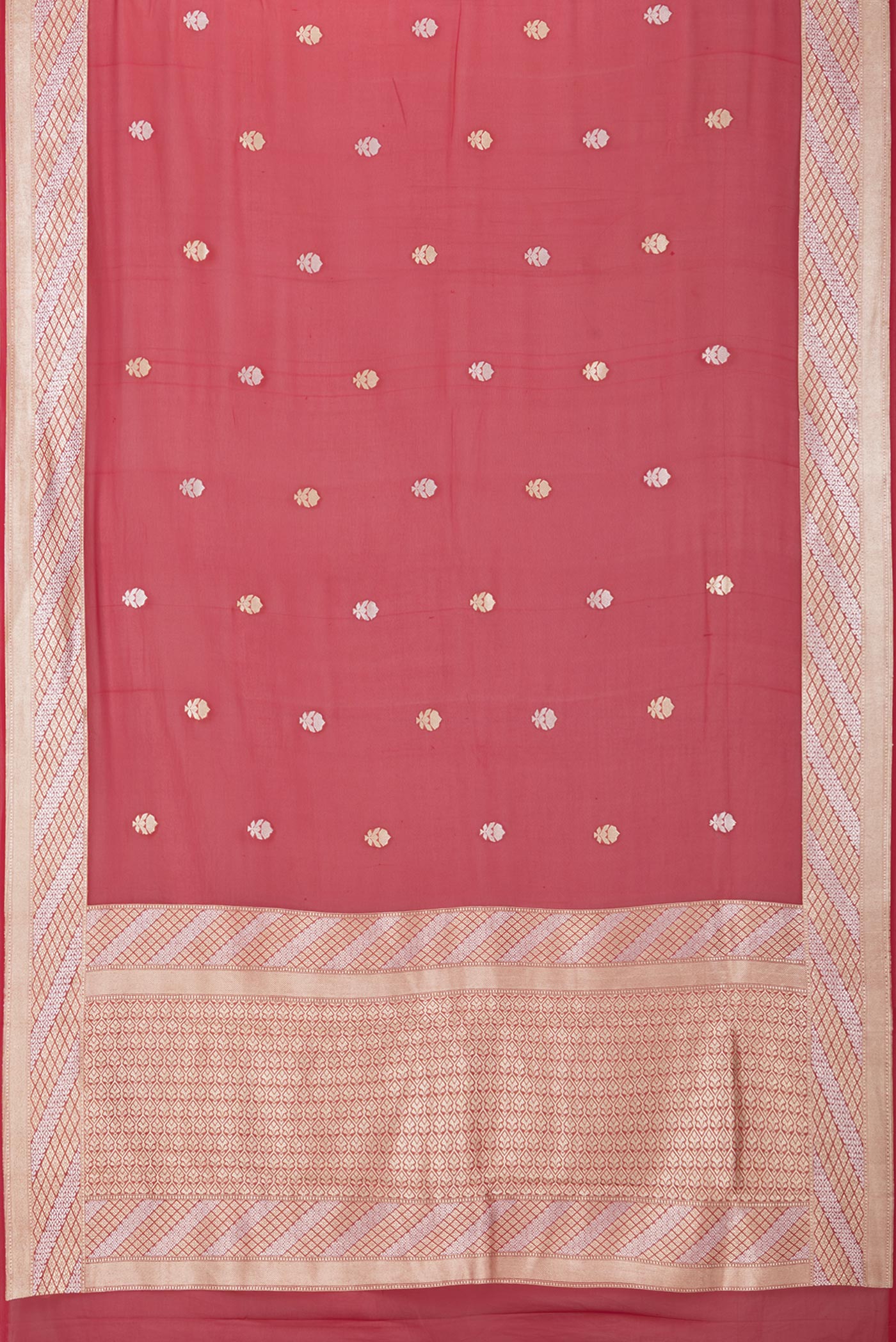 Flat view of Red Banarasi Georgette Saree with Zari Butta on the body and Zari Border. 