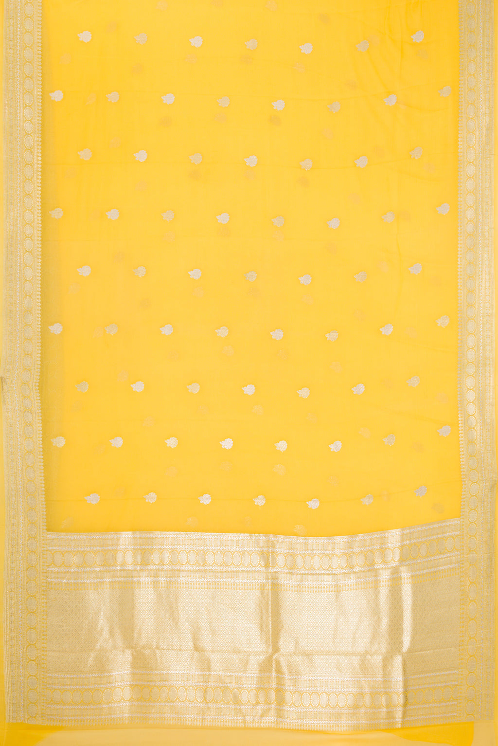 Flat view of Yellow Dual Tone Banarasi Georgette Saree with Embroidery on the body and Embroidery Border. 