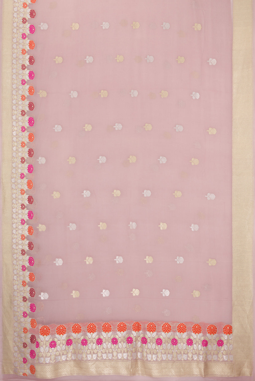 Flat view of Lilac Banarasi Georgette Saree with Zari Butta on the body and Fancy Border. 