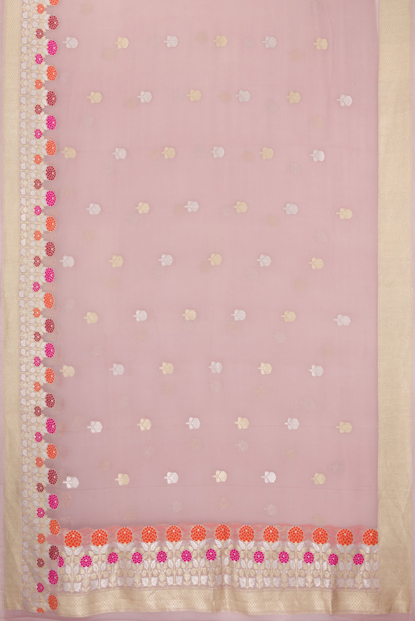Flat view of Lilac Banarasi Georgette Saree with Zari Butta on the body and Fancy Border. 