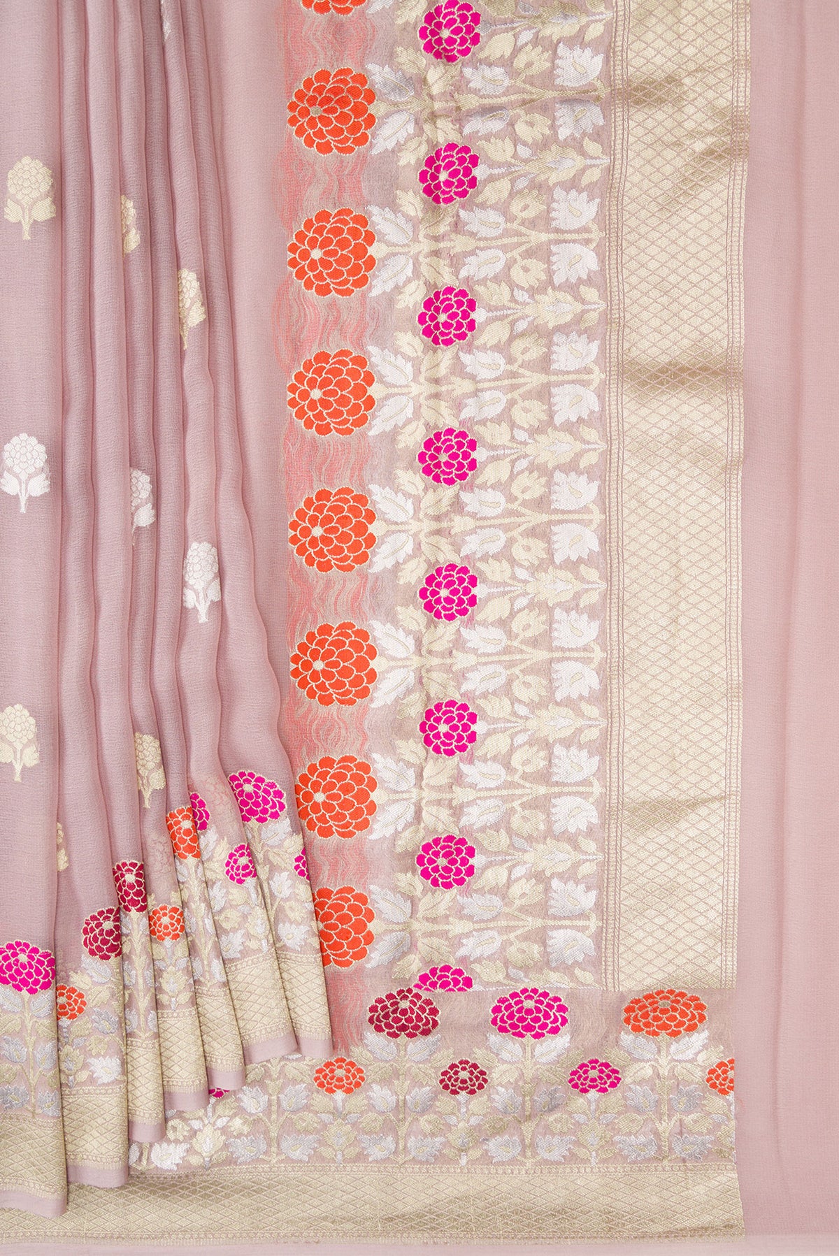 Pleats and pallu of Lilac Banarasi Georgette Saree with Zari Butta on the body and Fancy Border. 