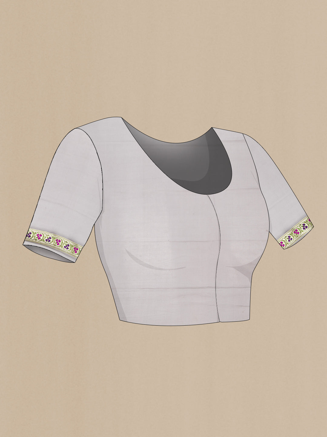 Close up image of the blouse of Grey Banarasi Georgette Saree with Zari Butta on the body and Fancy Border. 