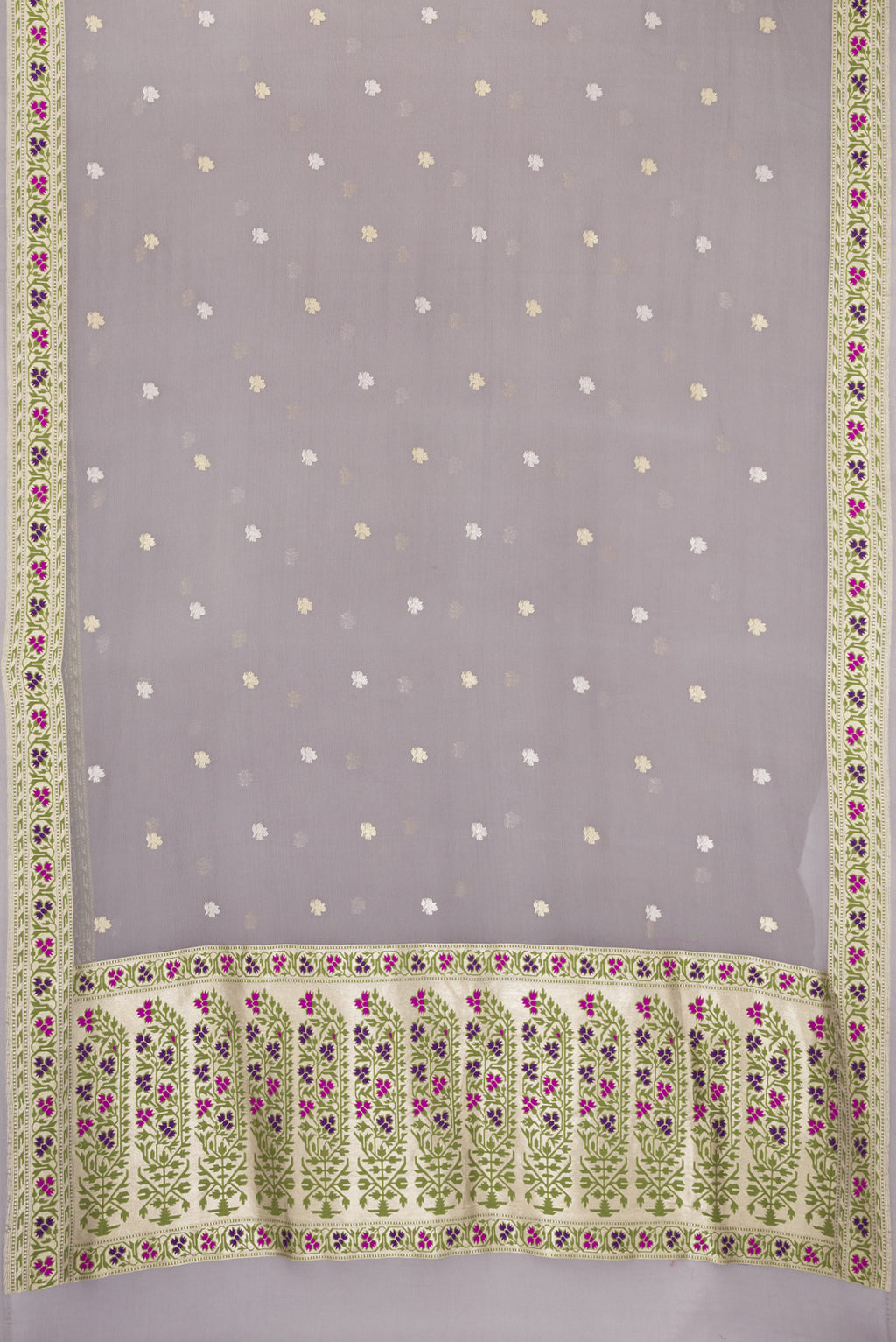 Flat view of Grey Banarasi Georgette Saree with Zari Butta on the body and Fancy Border. 