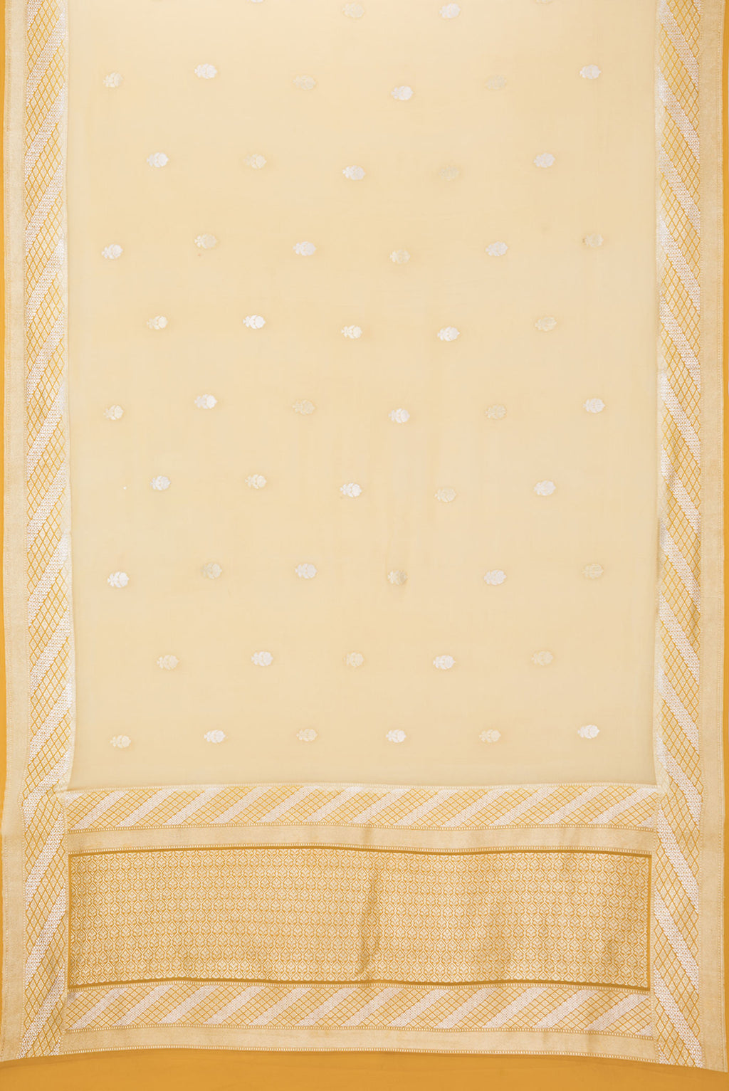 Flat view of Sandal Banarasi Georgette Saree with Zari Butta on the body and Zari Border. 