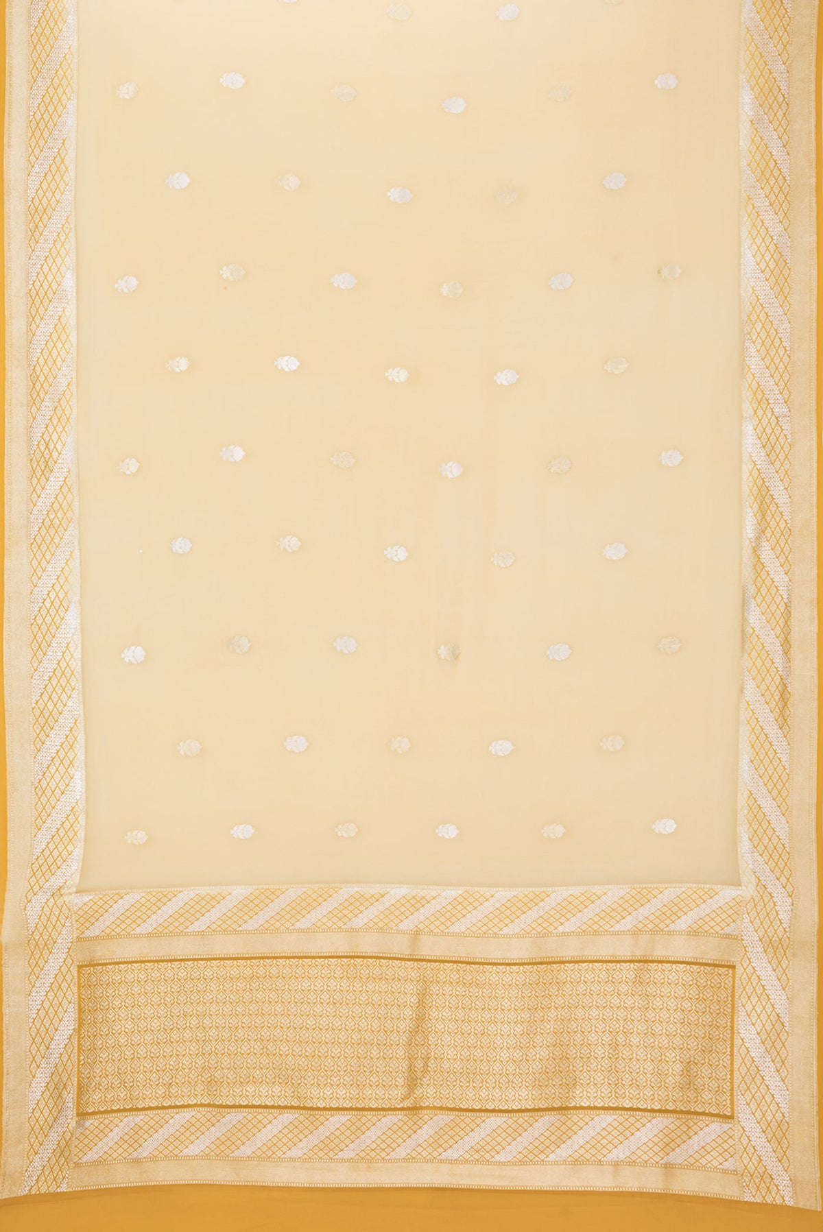 Flat view of Sandal Banarasi Georgette Saree with Zari Butta on the body and Zari Border. 