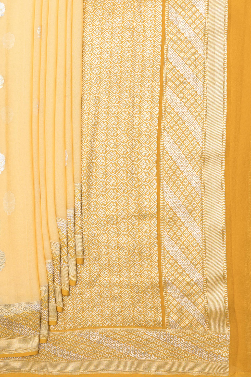 Pleats and pallu of Sandal Banarasi Georgette Saree with Zari Butta on the body and Zari Border. 