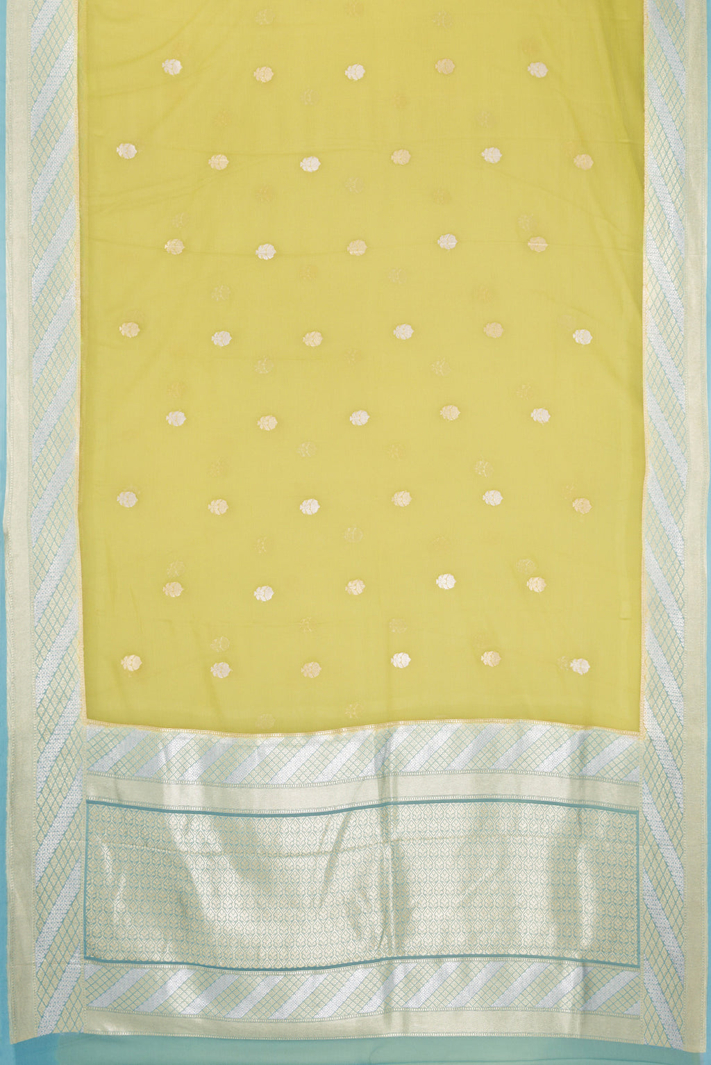 Flat view of Pista Green Banarasi Georgette Saree with Zari Butta on the body and Fancy Border. 