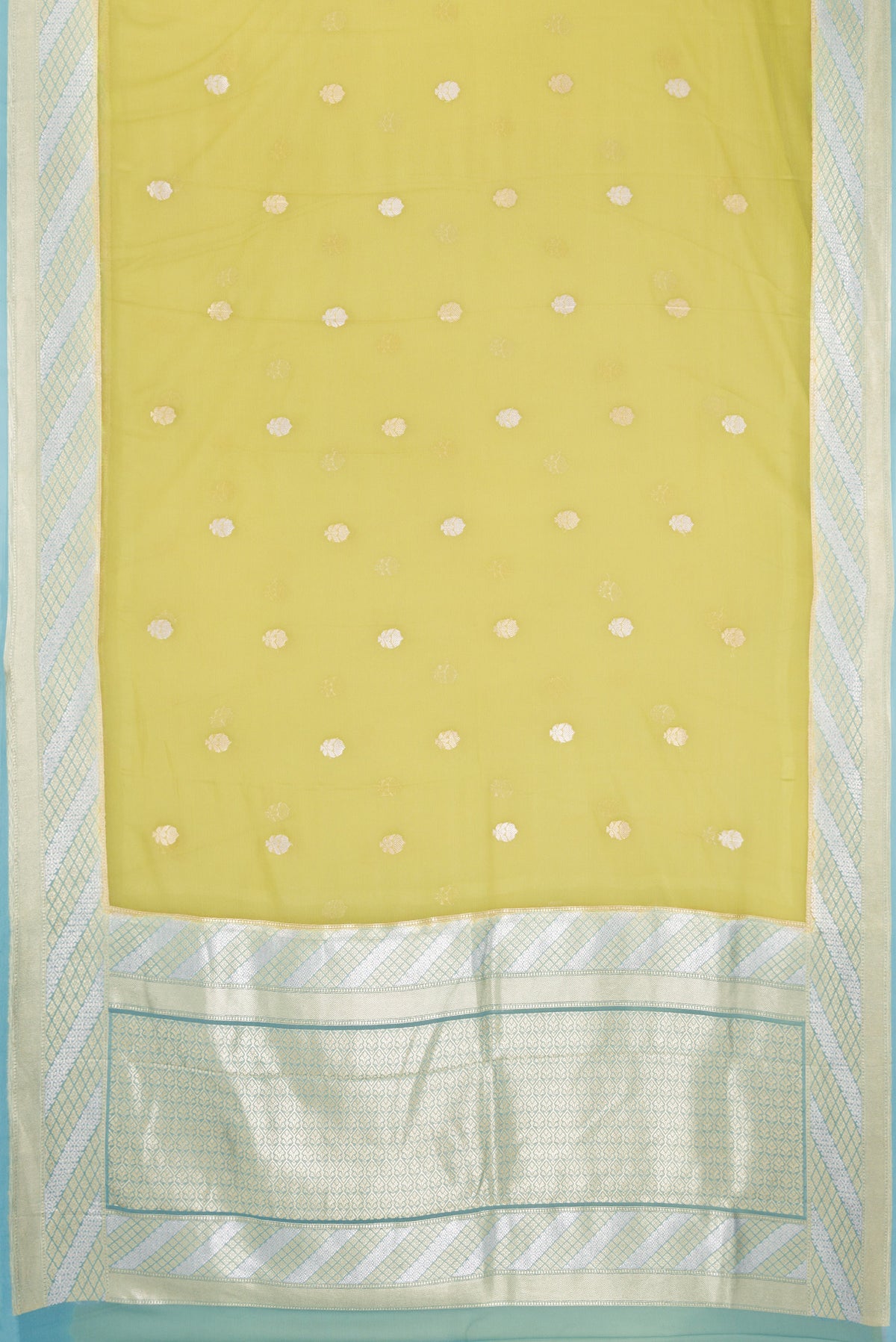 Flat view of Pista Green Banarasi Georgette Saree with Zari Butta on the body and Fancy Border. 