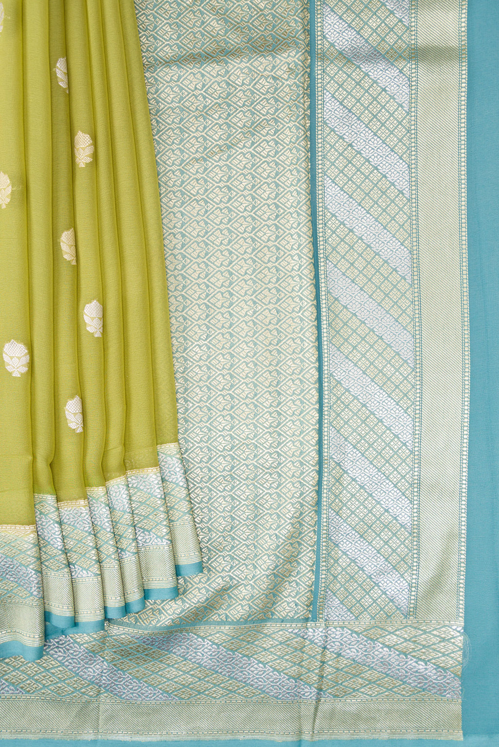 Pleats and pallu of Pista Green Banarasi Georgette Saree with Zari Butta on the body and Fancy Border. 