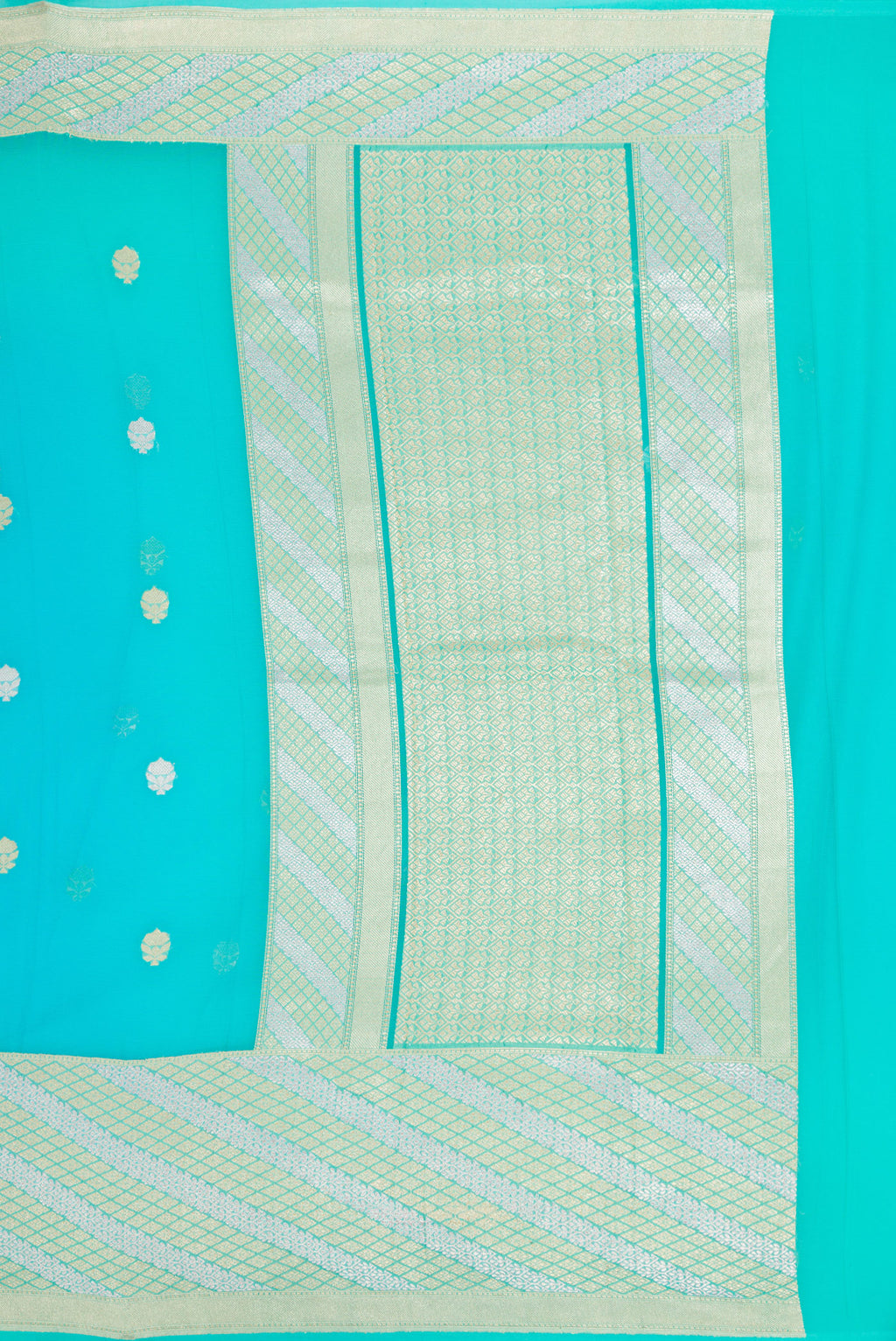 Close up image of the pallu of Sky Blue Banarasi Georgette Saree with Zari Butta on the body and Fancy Border. 