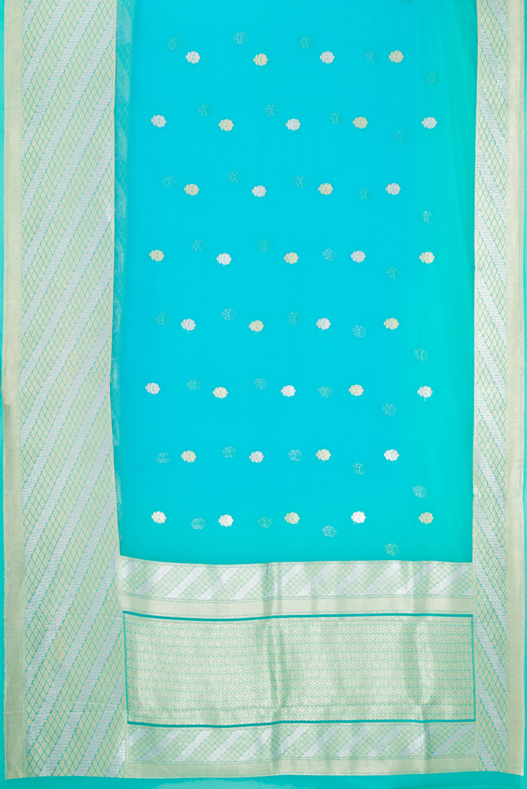 Flat view of Sky Blue Banarasi Georgette Saree with Zari Butta on the body and Fancy Border. 