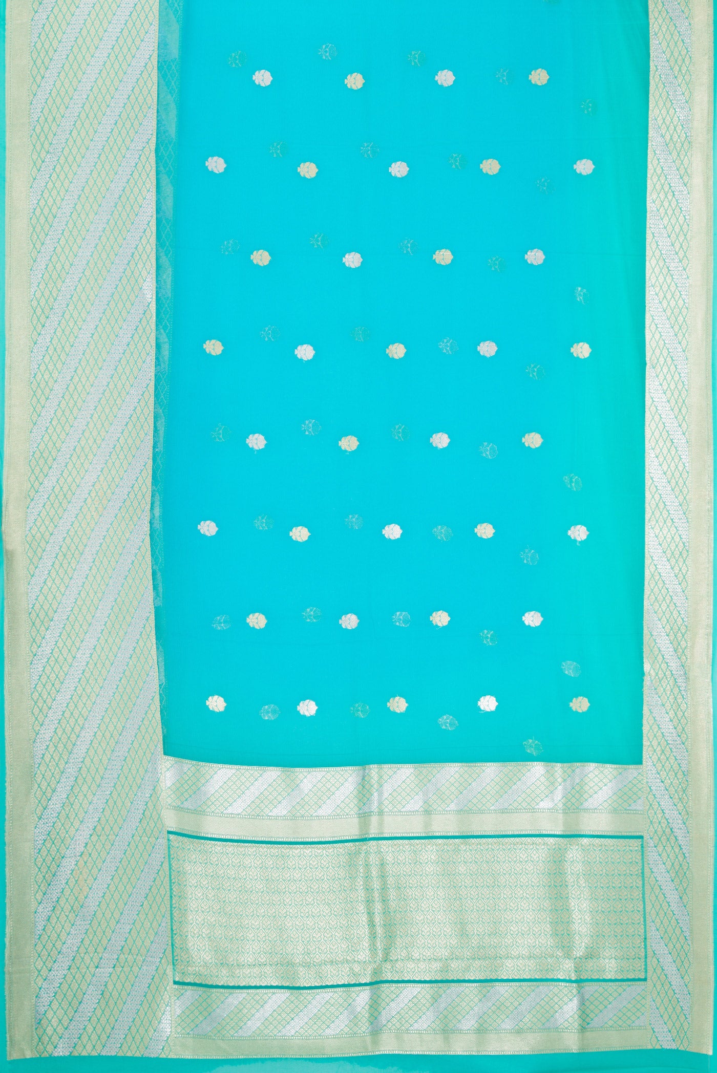 Flat view of Sky Blue Banarasi Georgette Saree with Zari Butta on the body and Fancy Border. 