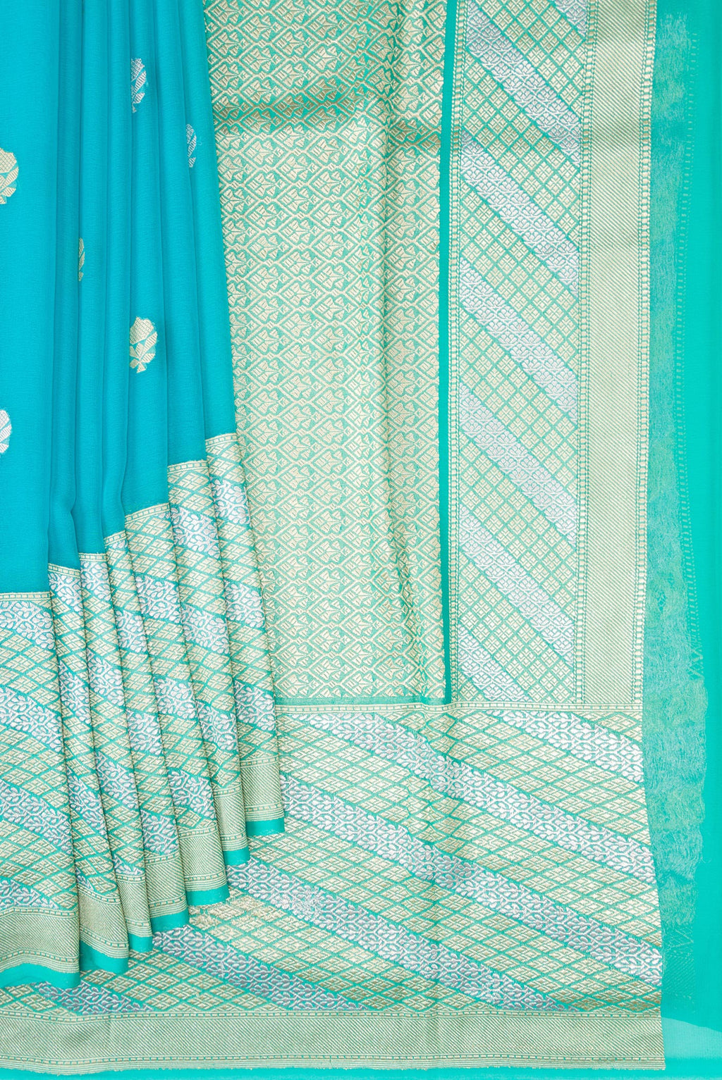 Pleats and pallu of Sky Blue Banarasi Georgette Saree with Zari Butta on the body and Fancy Border. 