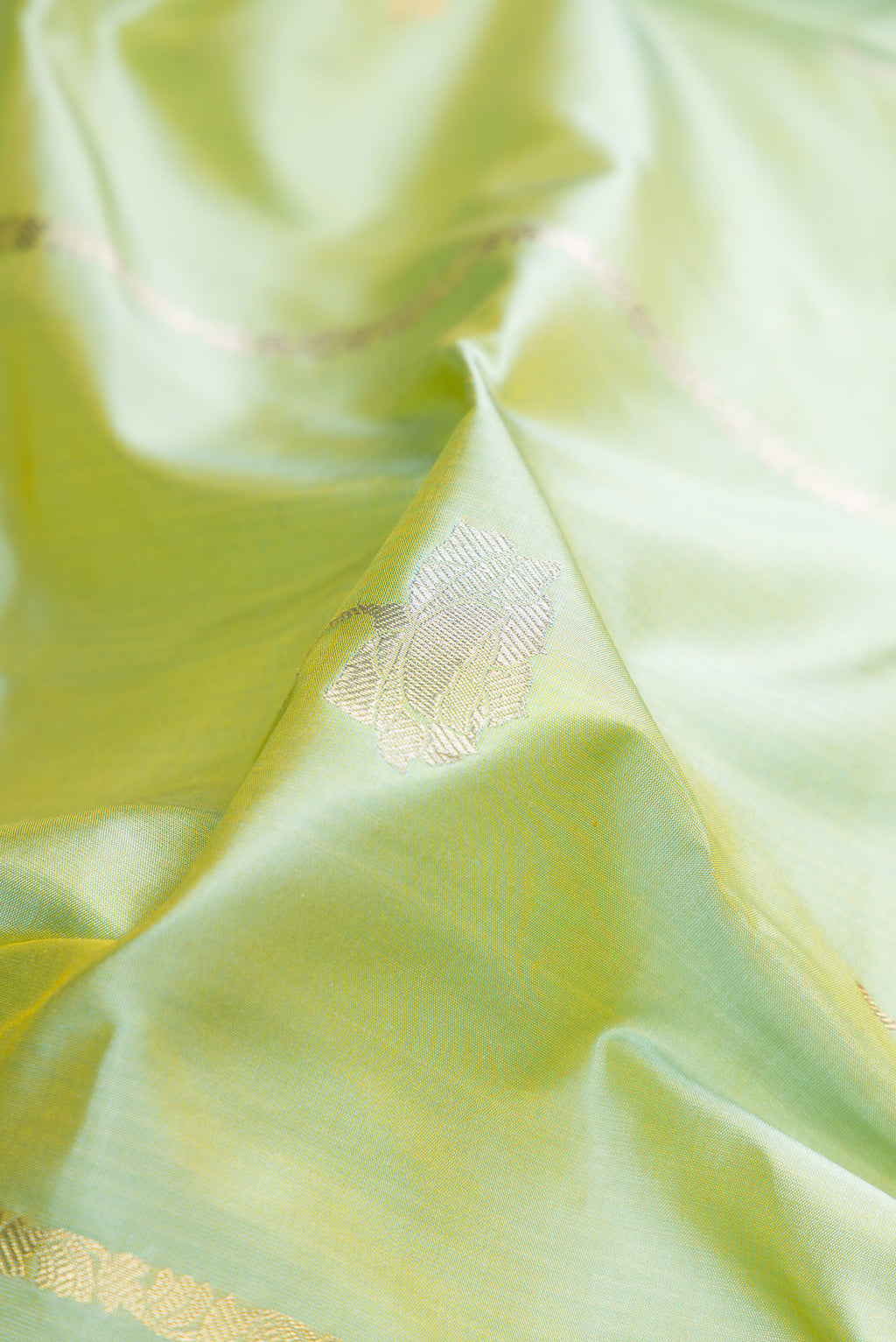 Close up of Pure Silk Pista Green Banarasi Saree with Zari Butta on the body and Fancy Border.  displaying folds