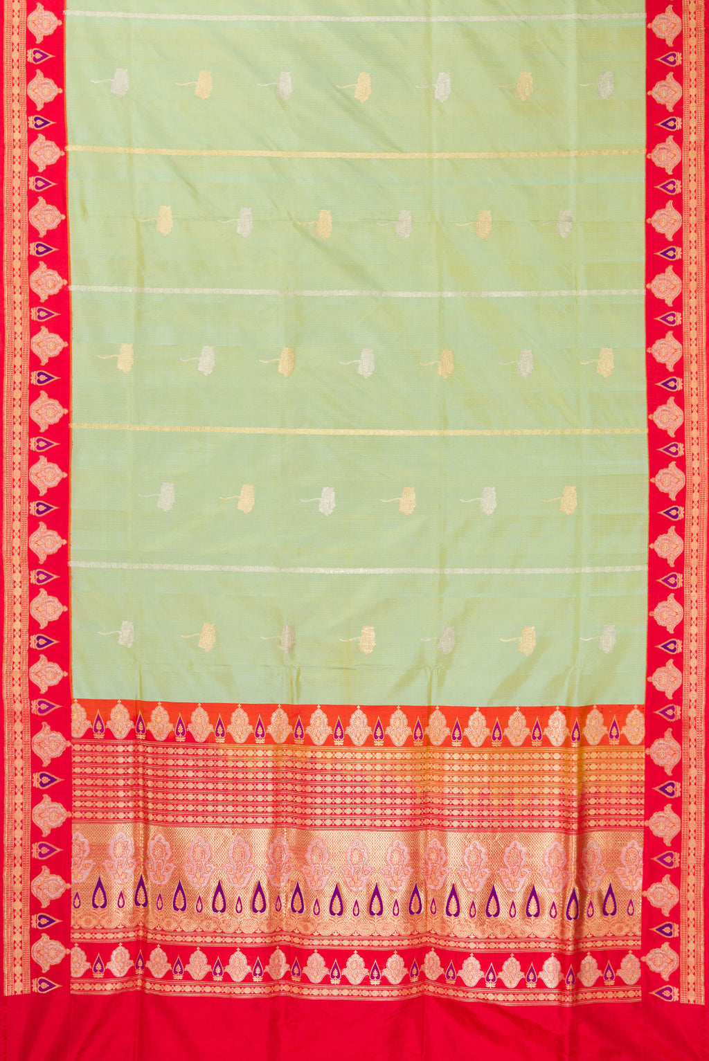 Flat view of Pure Silk Pista Green Banarasi Saree with Zari Butta on the body and Fancy Border. 