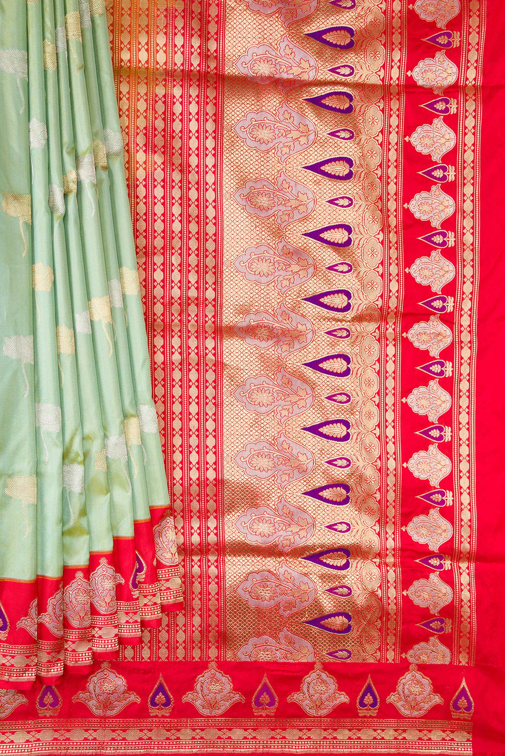Pleats and pallu of Pure Silk Pista Green Banarasi Saree with Zari Butta on the body and Fancy Border. 