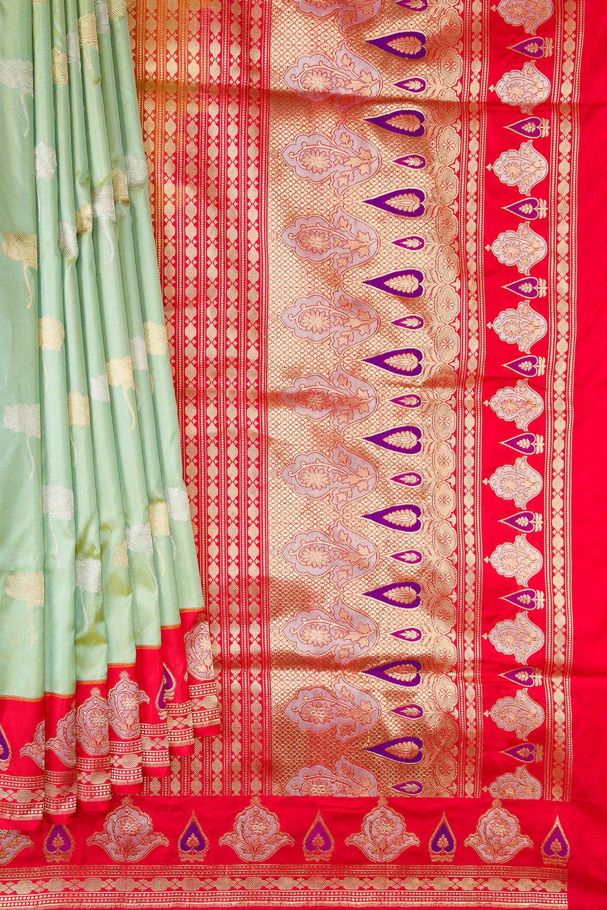 Pleats and pallu of Pure Silk Pista Green Banarasi Saree with Zari Butta on the body and Fancy Border. 