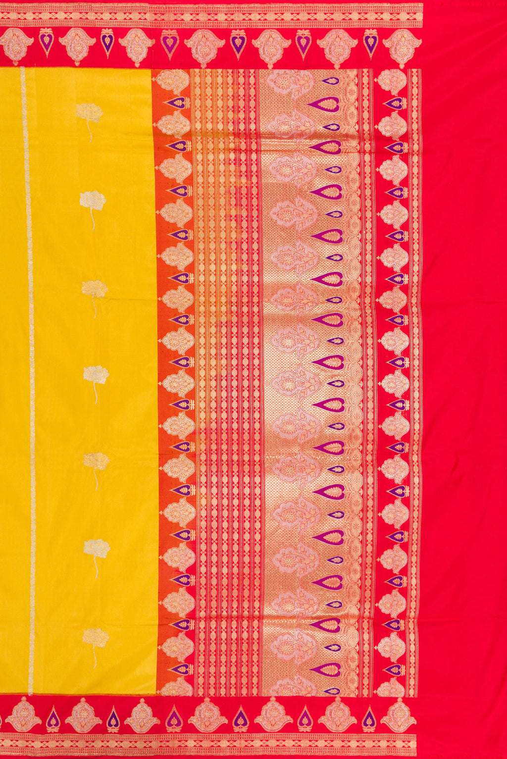 Close up image of the pallu of Pure Silk Yellow Banarasi Saree with Zari Butta on the body and Fancy Border. 