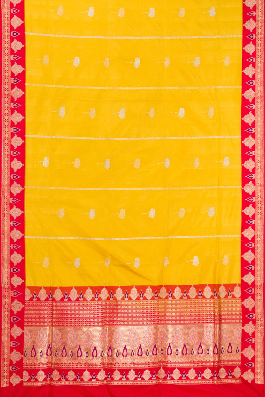 Flat view of Pure Silk Yellow Banarasi Saree with Zari Butta on the body and Fancy Border. 