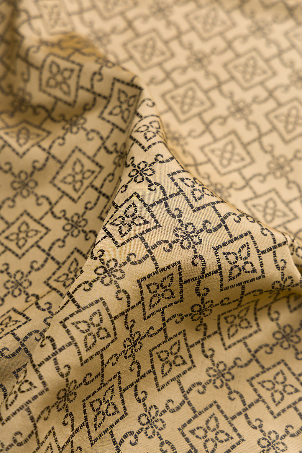 Close up of Pure Silk Beige Dual Tone Banarasi Saree with Jacquard design on the body and Fancy Border.  displaying folds