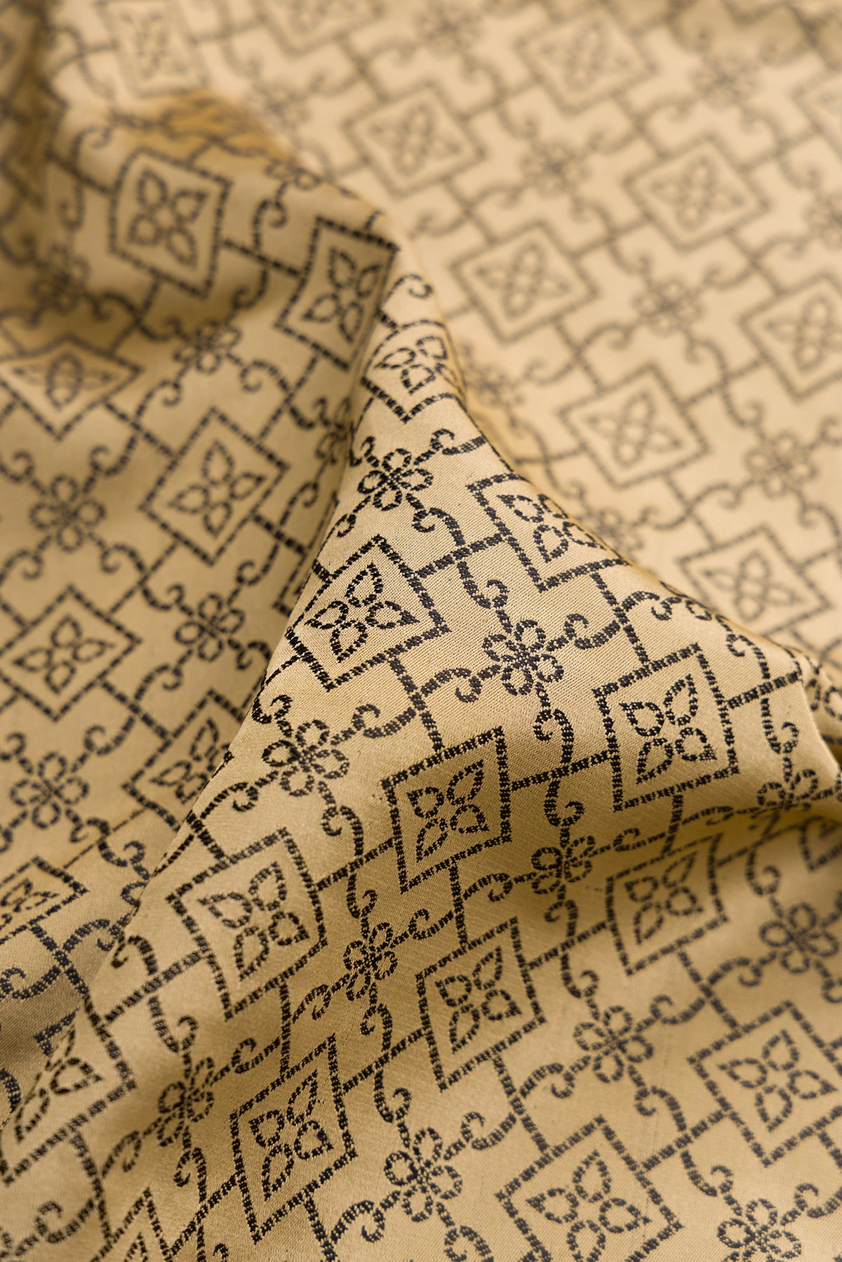 Close up of Pure Silk Beige Dual Tone Banarasi Saree with Jacquard design on the body and Fancy Border.  displaying folds