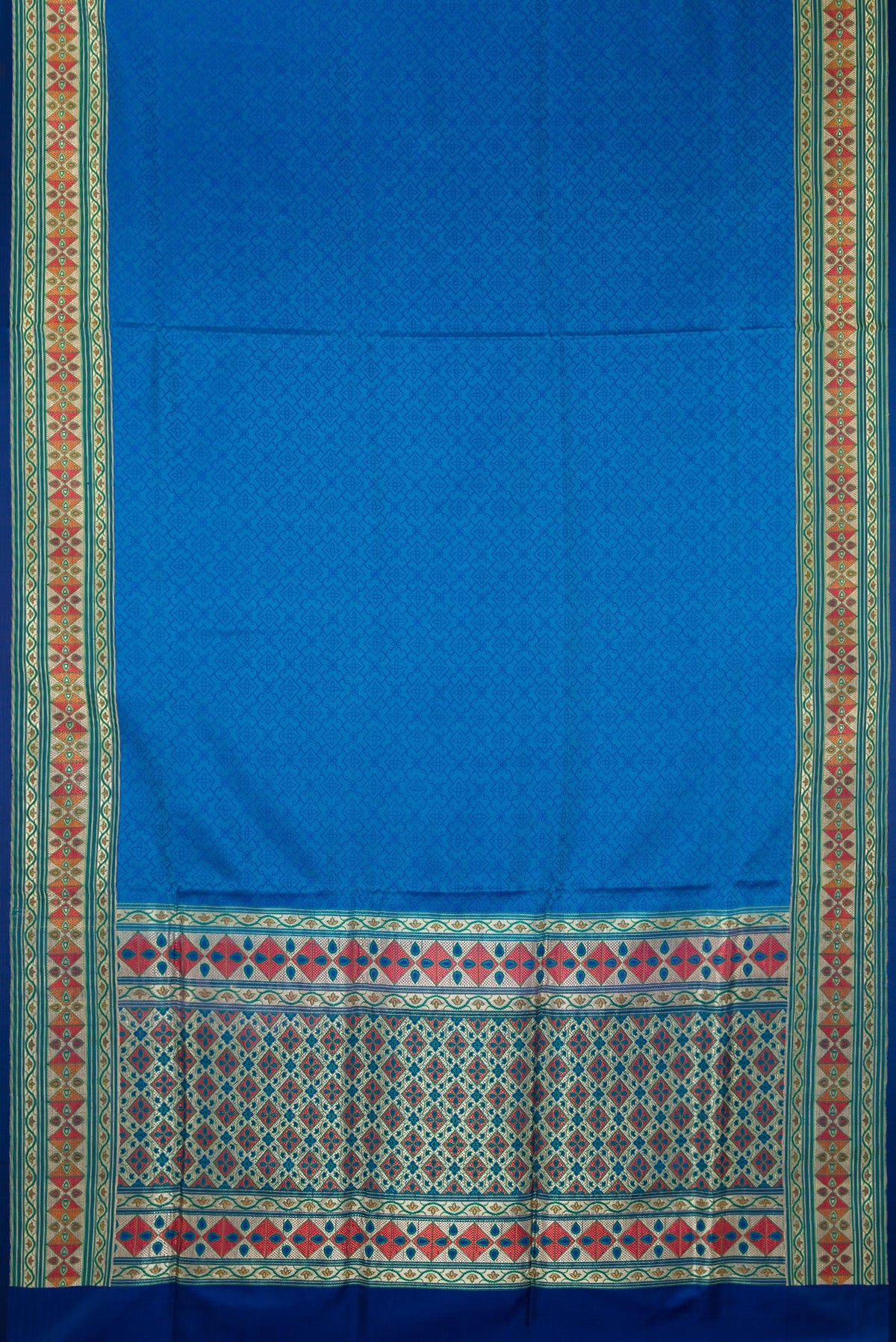 Flat view of Pure Silk Royal Blue Dual Tone Banarasi Saree with Jacquard design on the body and Fancy Border. 