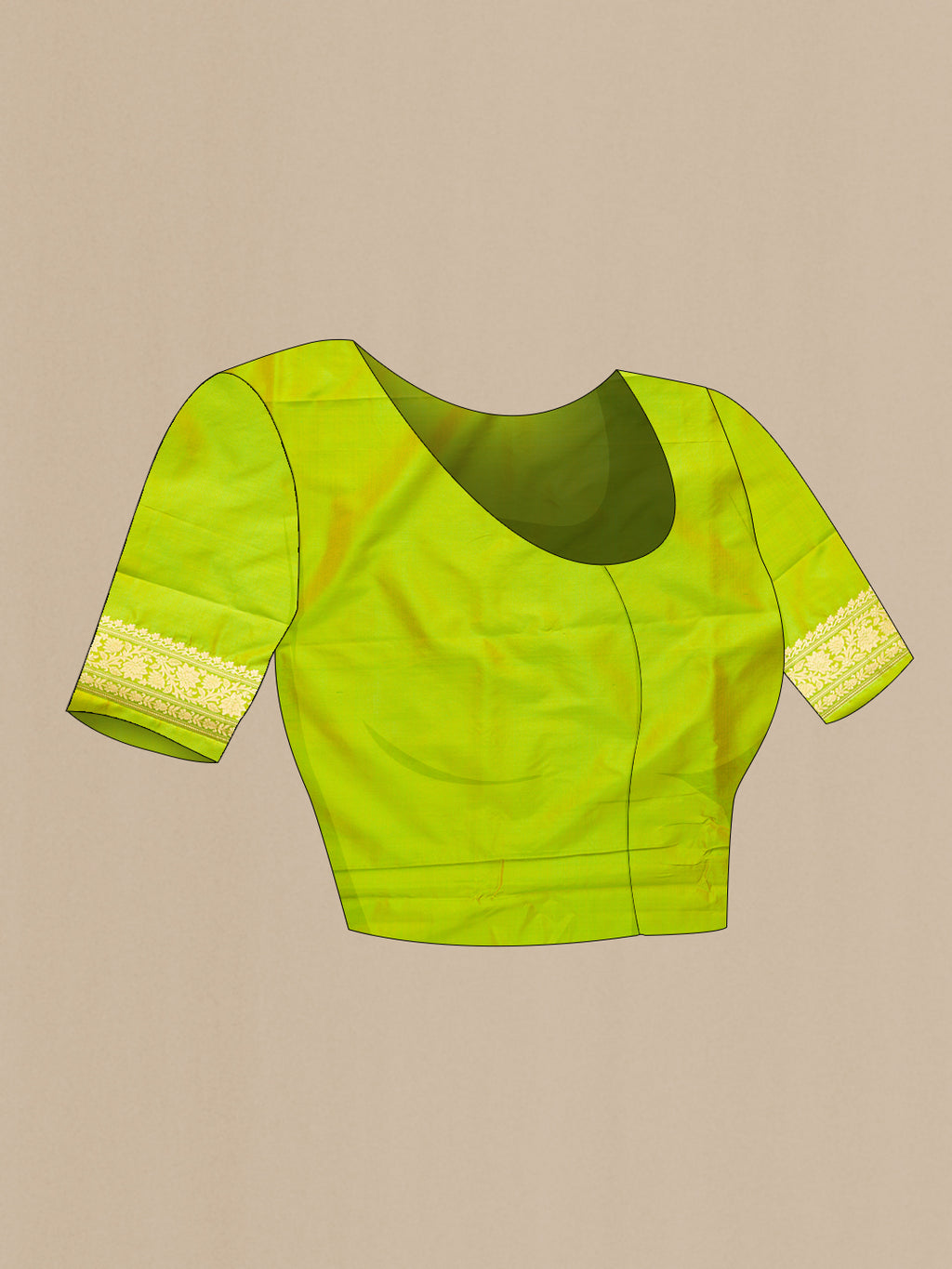 Close up image of the blouse of Pure Silk Parrot Green Dual Tone Banarasi Saree with Zari And Thread Butta on the body and Zari Border. 