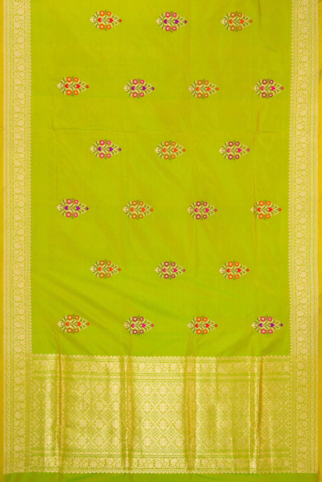 Flat view of Pure Silk Parrot Green Dual Tone Banarasi Saree with Zari And Thread Butta on the body and Zari Border. 