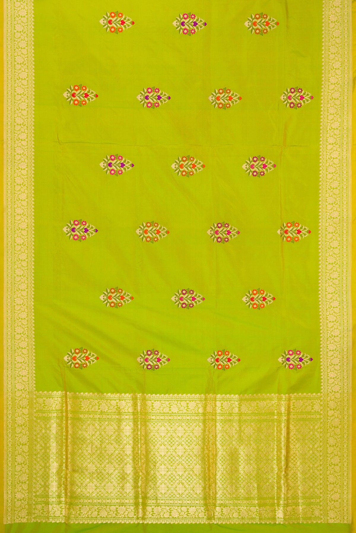 Flat view of Pure Silk Parrot Green Dual Tone Banarasi Saree with Zari And Thread Butta on the body and Zari Border. 