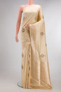 Pure Silk Sandal Banarasi Saree with Zari And Thread Butta on the body and Zari Border.  displayed on a mannequin