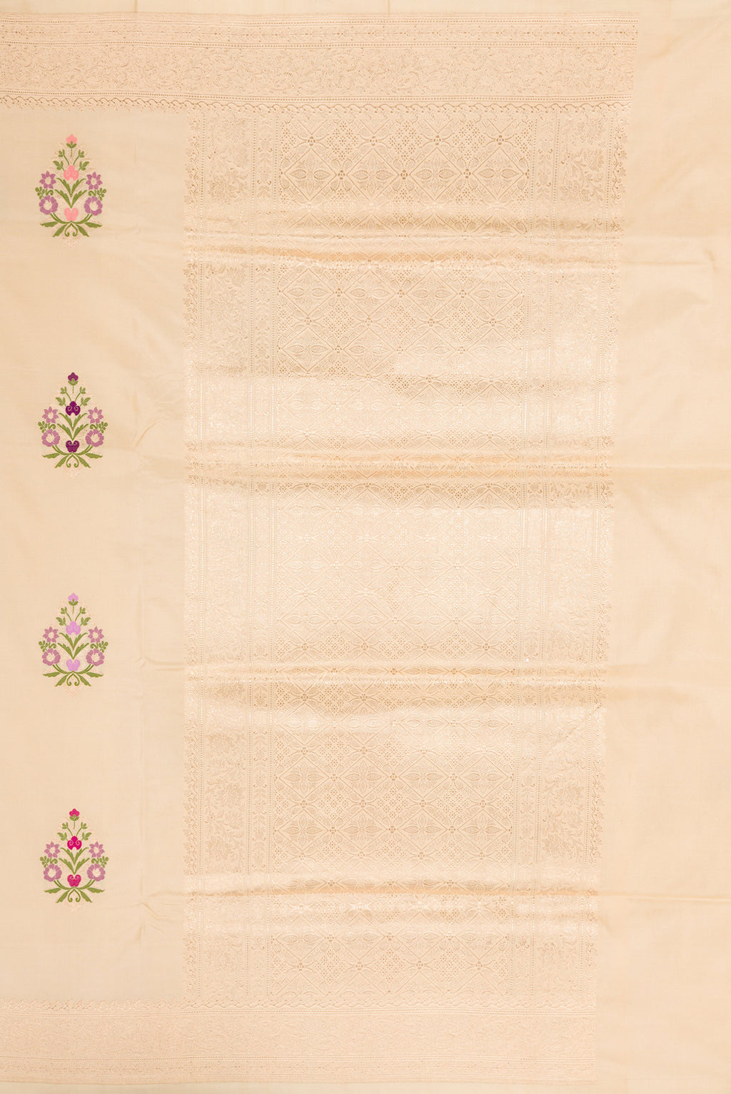 Close up image of the pallu of Pure Silk Sandal Banarasi Saree with Zari And Thread Butta on the body and Zari Border. 