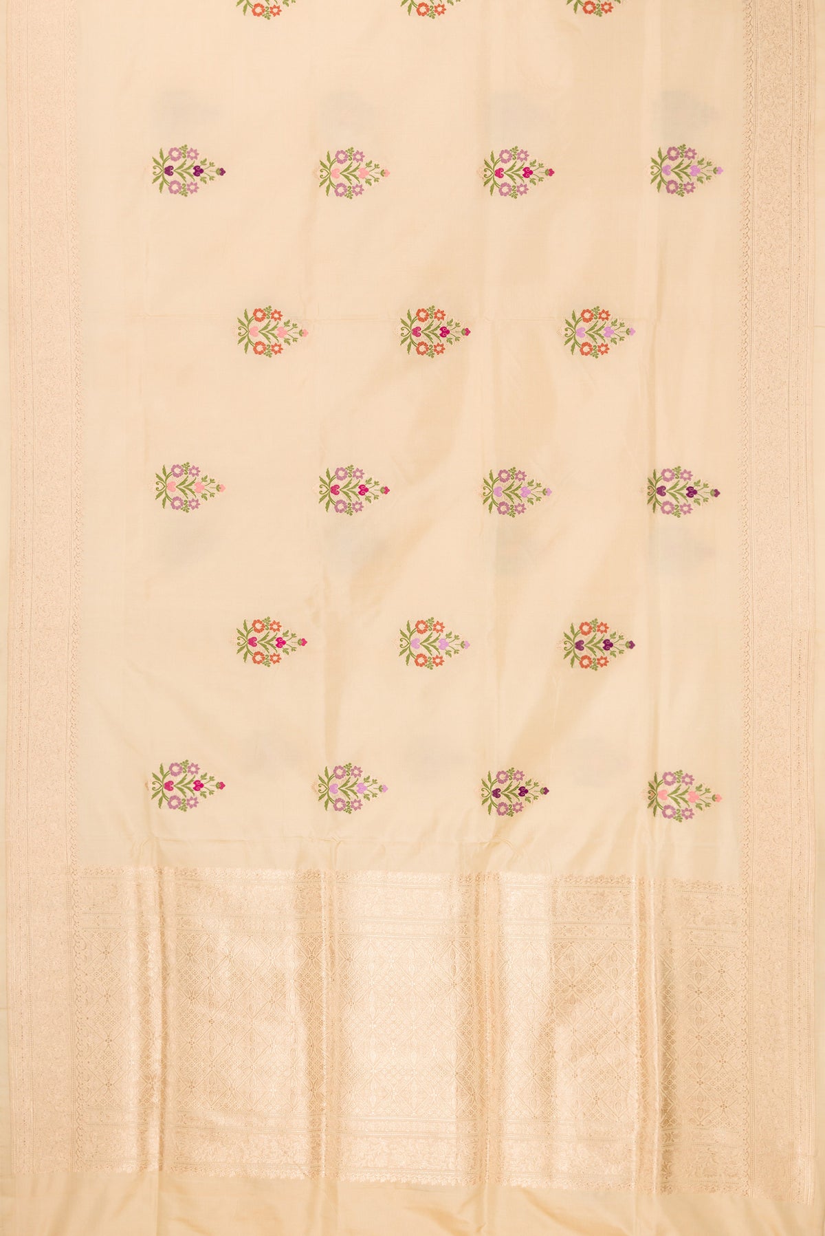 Flat view of Pure Silk Sandal Banarasi Saree with Zari And Thread Butta on the body and Zari Border. 