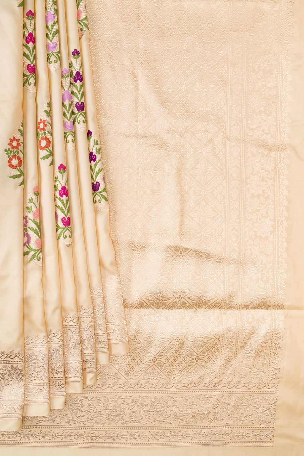 Pleats and pallu of Pure Silk Sandal Banarasi Saree with Zari And Thread Butta on the body and Zari Border. 