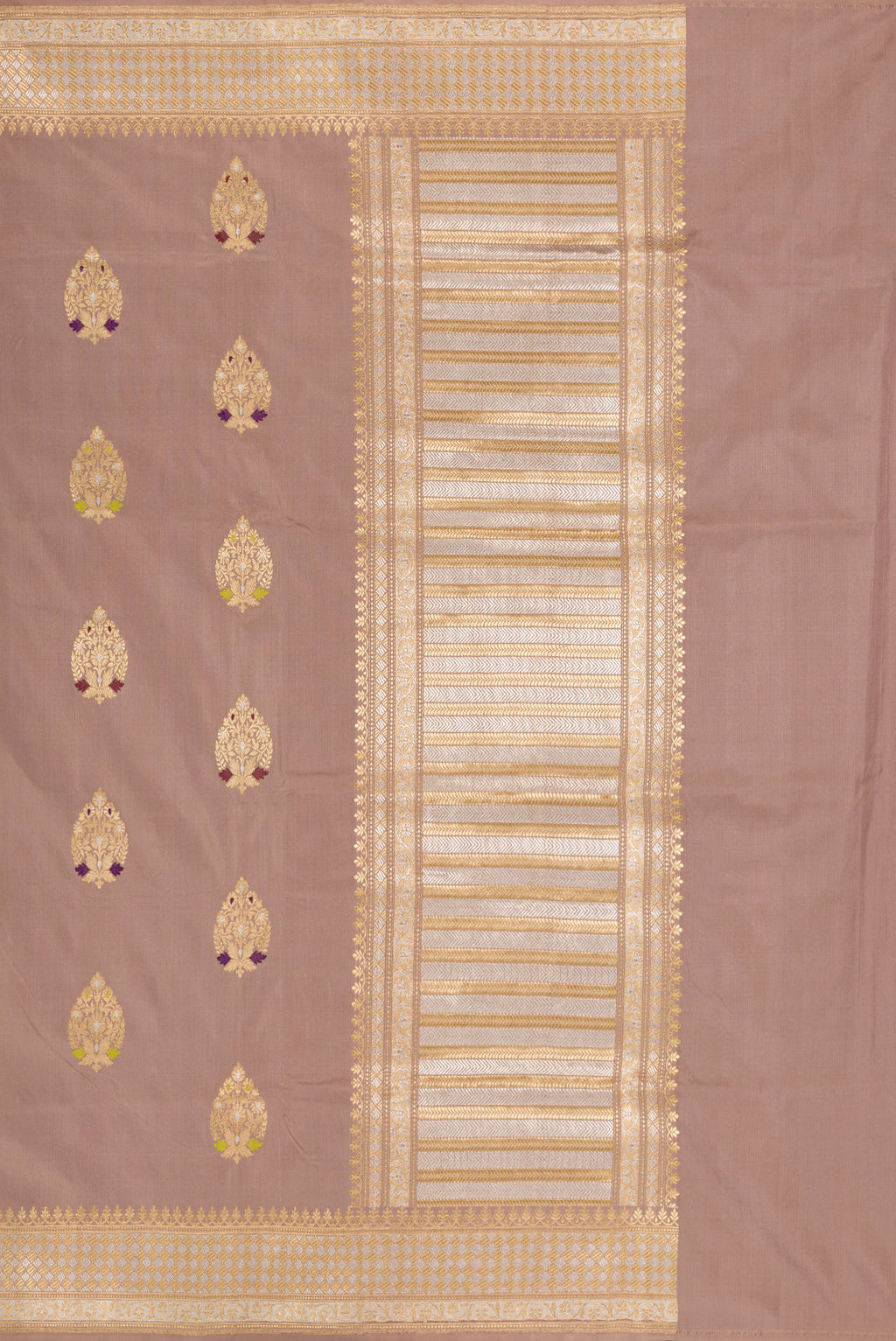 Close up image of the pallu of Pure Silk Brown Banarasi Saree with Zari And Thread Butta on the body and Zari Border. 