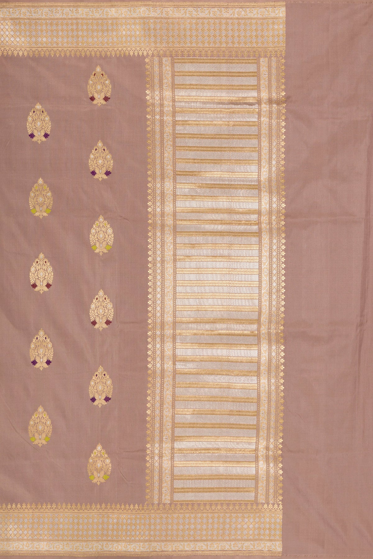 Close up image of the pallu of Pure Silk Brown Banarasi Saree with Zari And Thread Butta on the body and Zari Border. 