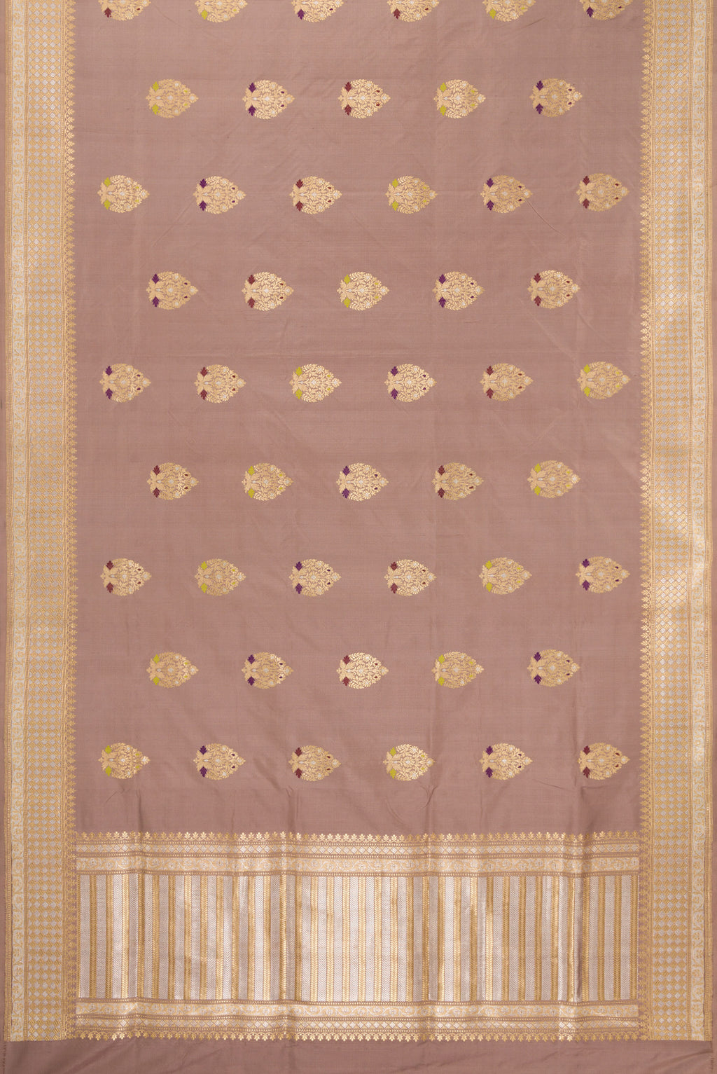 Flat view of Pure Silk Brown Banarasi Saree with Zari And Thread Butta on the body and Zari Border. 