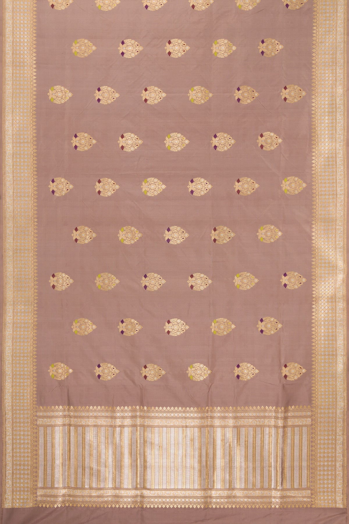 Flat view of Pure Silk Brown Banarasi Saree with Zari And Thread Butta on the body and Zari Border. 