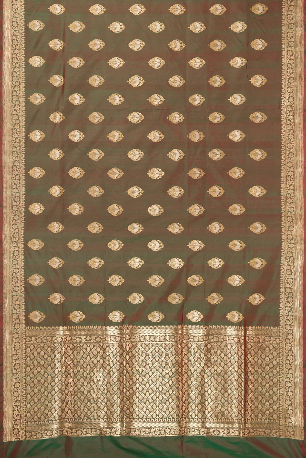 Flat view of Pure Silk Mehandi Green Dual Tone Banarasi Saree with Zari And Thread Butta on the body and Fancy Border. 