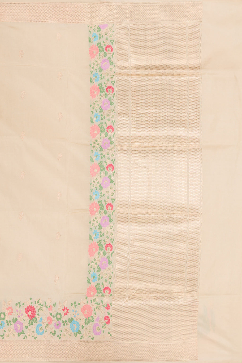 Close up image of the pallu of Pure Silk Sandal Banarasi Saree with Zari Butta on the body and Fancy Border. 