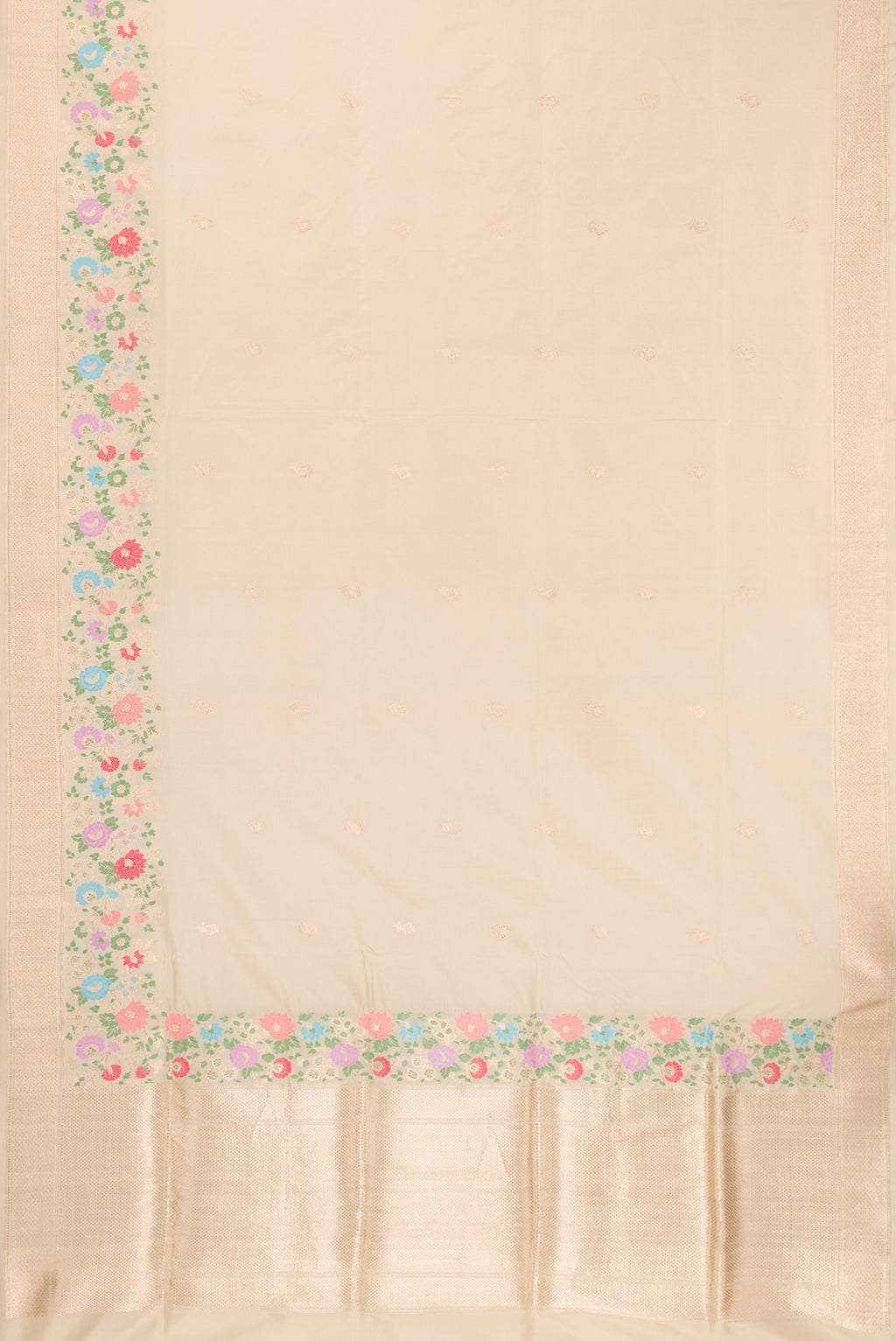 Flat view of Pure Silk Sandal Banarasi Saree with Zari Butta on the body and Fancy Border. 